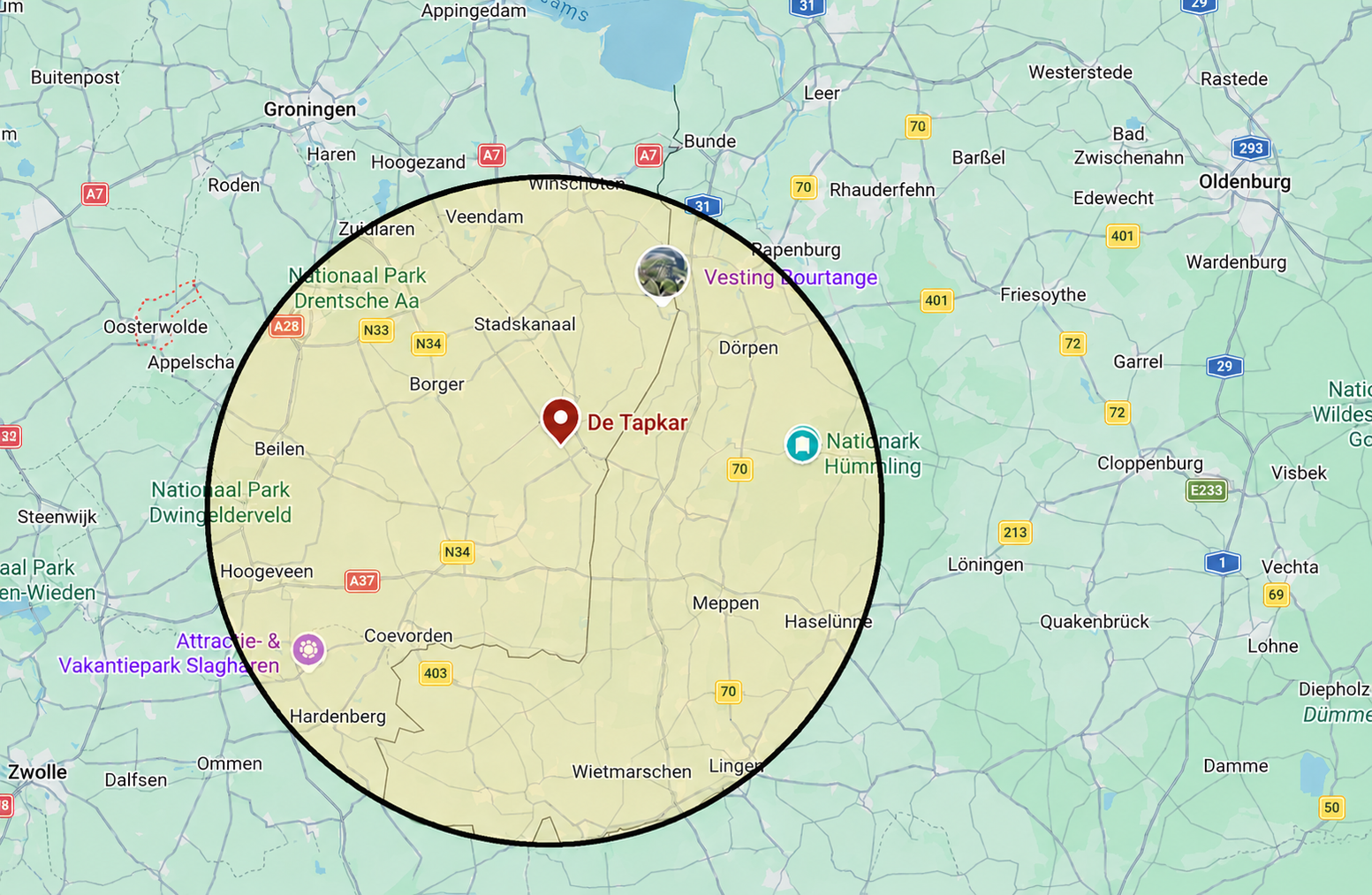 Verhuurgebied tapkar huren: 50 km rondom Nieuw-Weerdinge, Emmen, Drenthe, Groningen en Overijssel